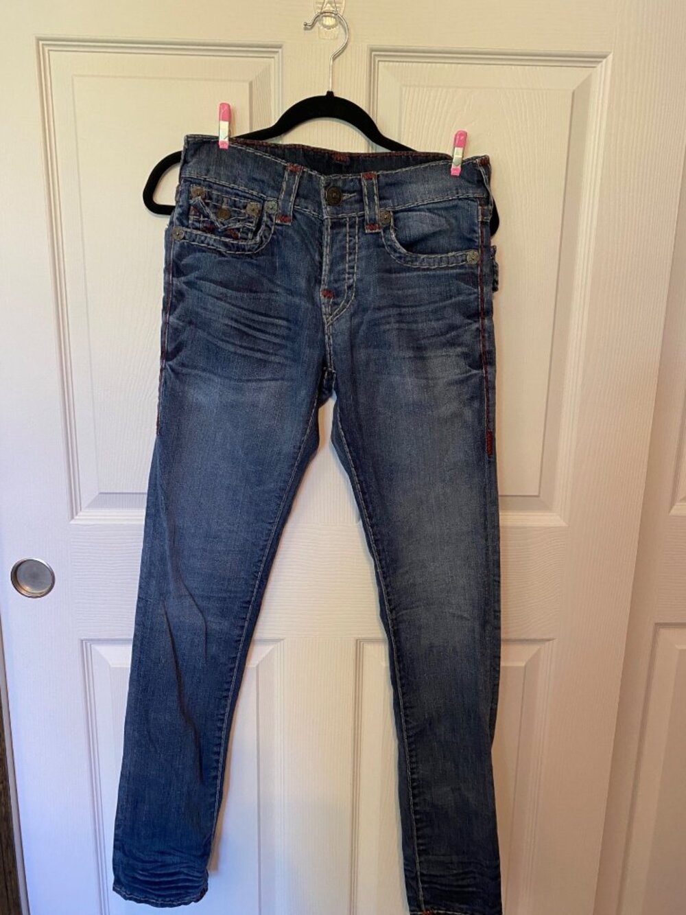 True Religion Dark Wash Denim Jeans With Red Stitching Size 29 Rocco Men’s Relax